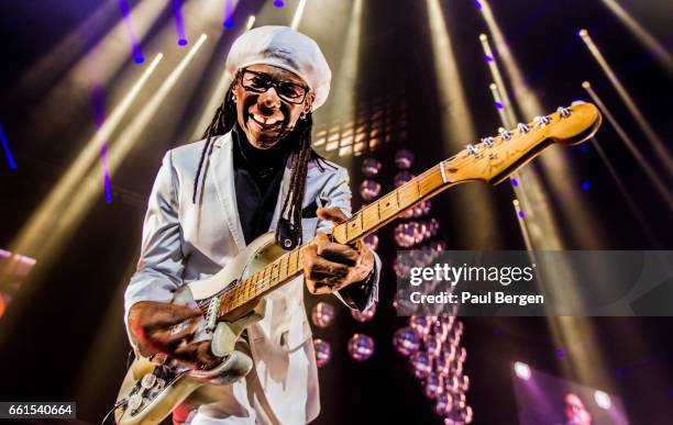 American guitarist, composer, producer and singer-songwriter Nile Rodgers performs on stage in his Let's Dance show at Ziggo Dome, Amsterdam,...