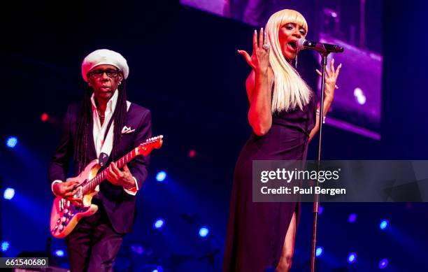 American guitarist, composer, producer and singer-songwriter Nile Rogers performs on stage in his Let's Dance show at Ziggo Dome, Amsterdam,...