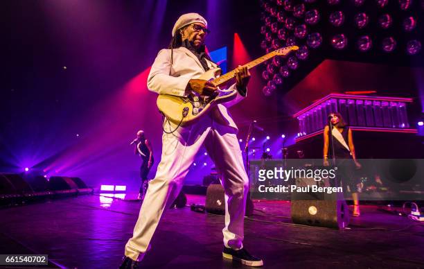American guitarist, composer, producer and singer-songwriter Nile Rogers performs on stage in his Let's Dance show at Ziggo Dome, Amsterdam,...