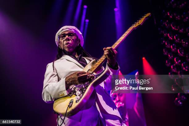 American guitarist, composer, producer and singer-songwriter Nile Rogers performs on stage in his Let's Dance show at Ziggo Dome, Amsterdam,...