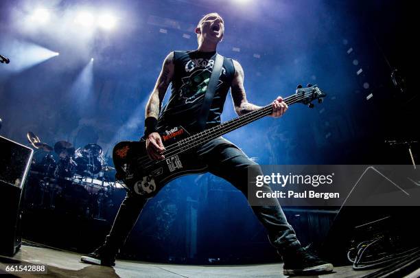 Danish rock band Volbeat with bassist Kaspar Boye Larsen performs at Ziggo Dome, Amsterdam, Netherlands, 15 November 2016.