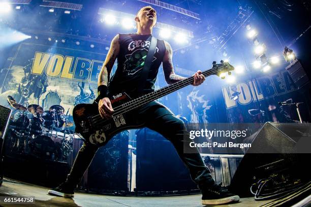 Danish rock band Volbeat with bassist Kaspar Boye Larsen performs at Ziggo Dome, Amsterdam, Netherlands, 15 November 2016.