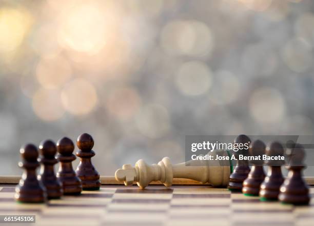 chessboard on a table (checkmate),  illuminated by the light of the sun outdoors - inteligencia 個照片及圖片檔