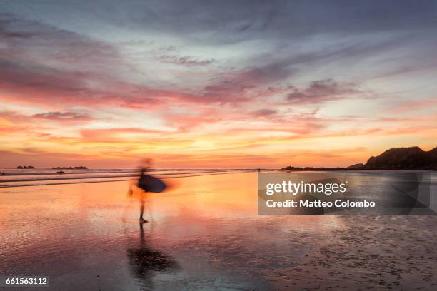 surfers at sunset walking on beach, playa guiones, costa rica - 尼科亞半島 個照片及圖片檔