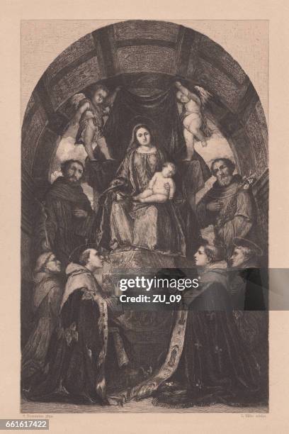 altarpiece of st. francis of brescia, painted by girolamo romanino - brescia stock illustrations