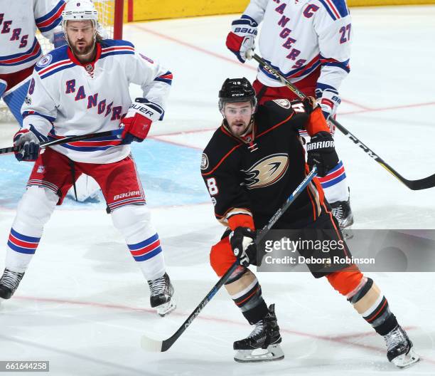 Logan Shaw of the Anaheim Ducks skates against Kevin Klein of the New York Rangers during the game on March 26, 2017 at Honda Center in Anaheim,...