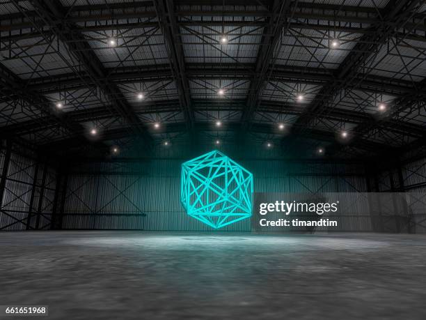 empty warehouse with geometry floating - warehouse background stock pictures, royalty-free photos & images
