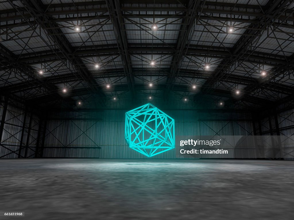 Empty warehouse with geometry floating