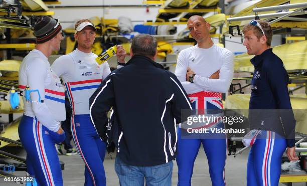 George Nash, Alex Gregory, Constantine Louloudis and Mohamed Sbih talk to Coach Jürgen Gröbler of the GB Olympic Team at the Redgrave Pincent Rowing...