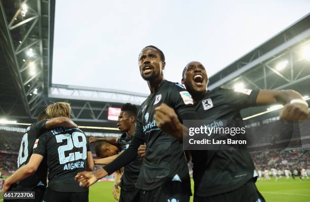 Stefan Aigner of 1860 Muenchen celebrates his team's first goal with team mates during the Second Bundesliga match between Fortuna Duesseldorf and...