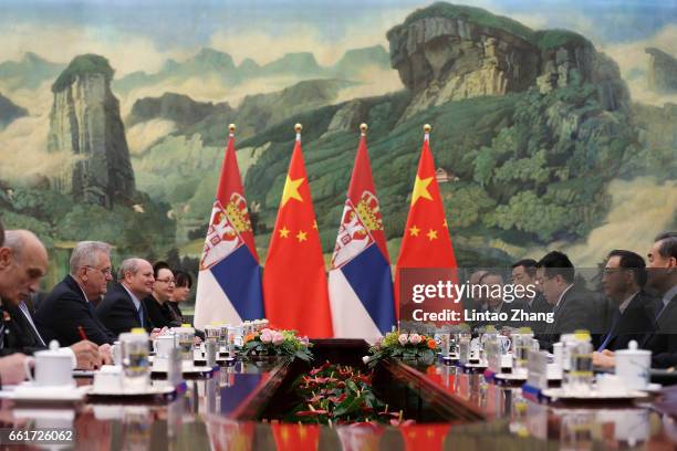 Chinese Premier Li Keqiang meets with Serbian President Tomislav Nikolic at the Great Hall of People on March 31, 2017 in Beijing, China. At the...