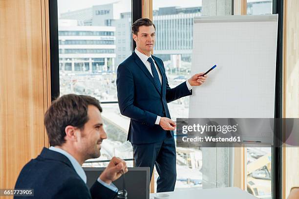 businessman leading a presentation at flip chart - flipchart stock-fotos und bilder