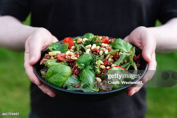 hands holding bowl with prepared rice salad - sonnengetrocknete tomate stock-fotos und bilder