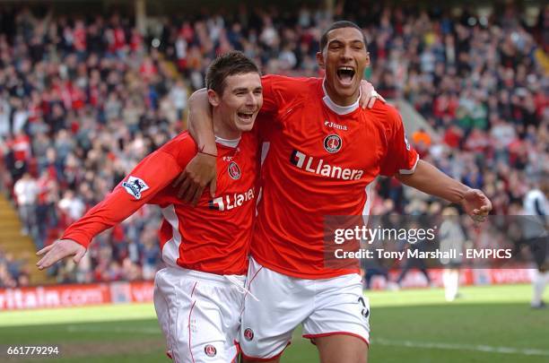 Charlton Athletic's Bryan Hughes celebrates his goal with Jay Bothroyd