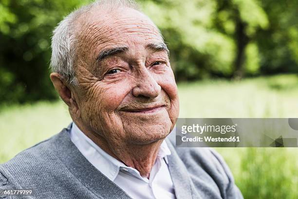 portrait of smiling senior in nature - wrinkled ストックフォトと画像