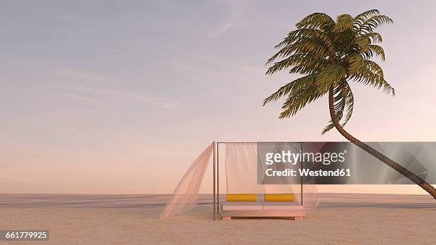 illustrazioni stock, clip art, cartoni animati e icone di tendenza di palm tree and canopy bed on the beach at dusk, 3d rendering - orizzonte sull'acqua
