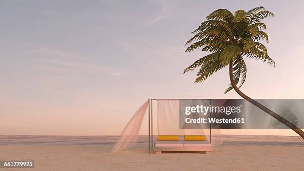 ilustrações de stock, clip art, desenhos animados e ícones de palm tree and canopy bed on the beach at dusk, 3d rendering - céu romântico