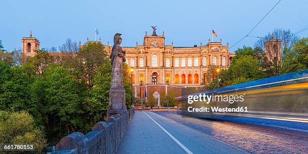 germany, munich, view to maximilianeum with driving tramway on maximilian bridge - maximilianeum stock pictures, royalty-free photos & images
