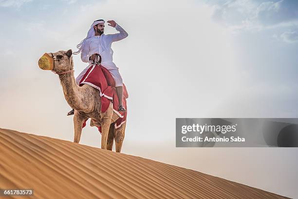 man wearing traditional middle eastern clothes riding camel in desert, dubai, united arab emirates - riding camel stock pictures, royalty-free photos & images