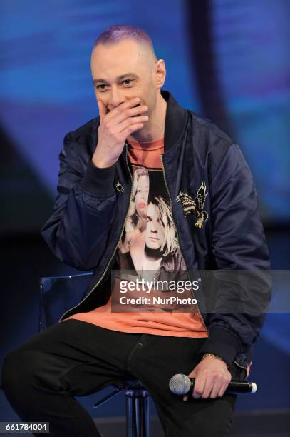 Fabri Fibra Italian rapper, record producer and writer during the tv show Che Tempo Che Fa in Milan, Italy, on March 26, 2017.