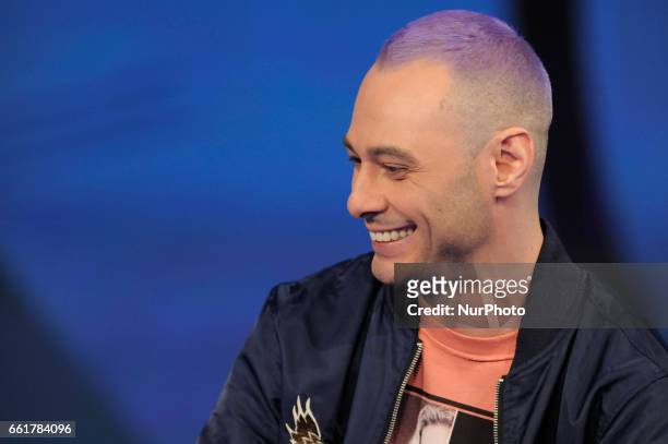 Fabri Fibra Italian rapper, record producer and writer during the tv show Che Tempo Che Fa in Milan, Italy, on March 26, 2017.