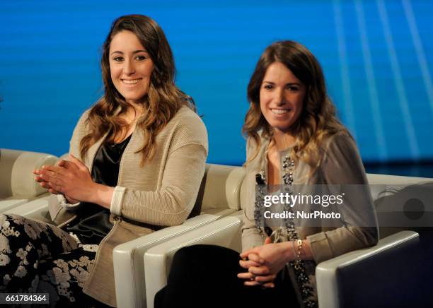 Sofia Goggia Italian alpine skier and Marta Bassino Italian alpine skier during the tv show Che Tempo Che Fa in Milan, Italy, on March 26, 2017.