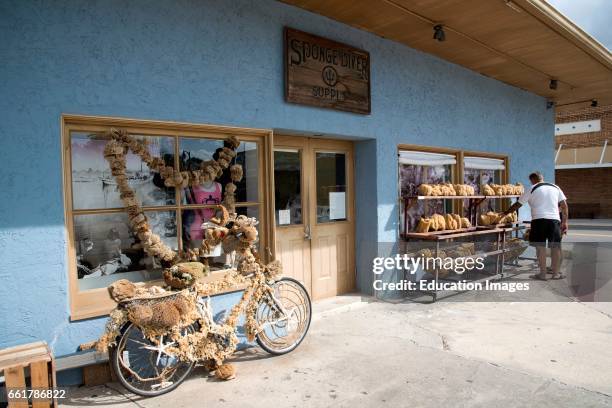 Tarpon Springs Florida USA, a sponge decorated bicycle outside a sponge supply store.