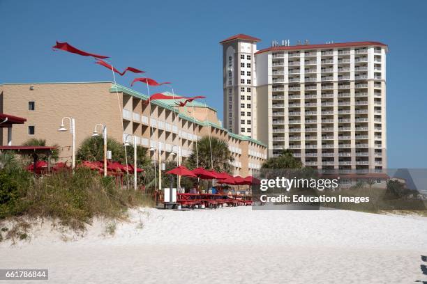 Pensacola Beach Florida USA, Hotels on a white sandy beach.