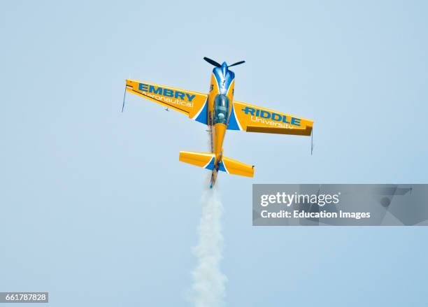 Wisconsin, Oshkosh, AirVenture 2016, Matt Chapman in Embrey Riddle Extra 330LX aerobatic airplane.