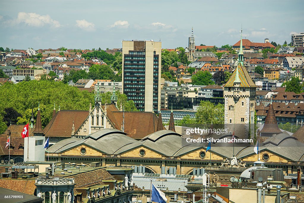Train station and city skyline, Zurich, Switzerland