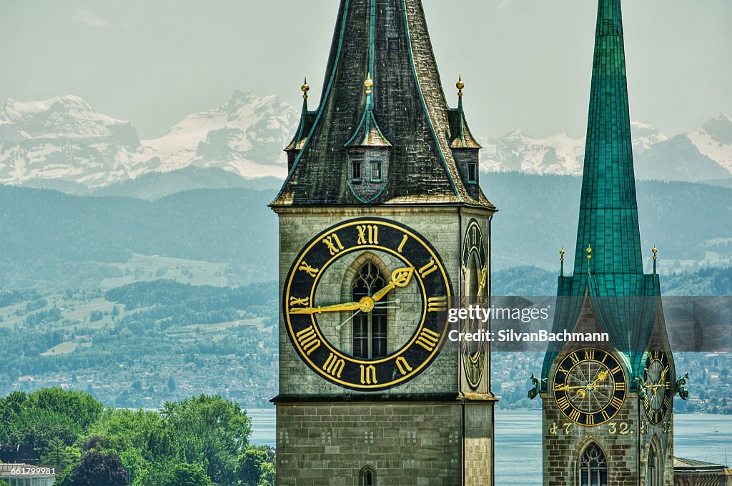 Fraumunster and St Peter church towers and clock face, Zurich, Switzerland