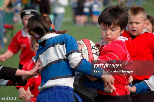 Children playing in a rugby tournament at Bath, England, UK.