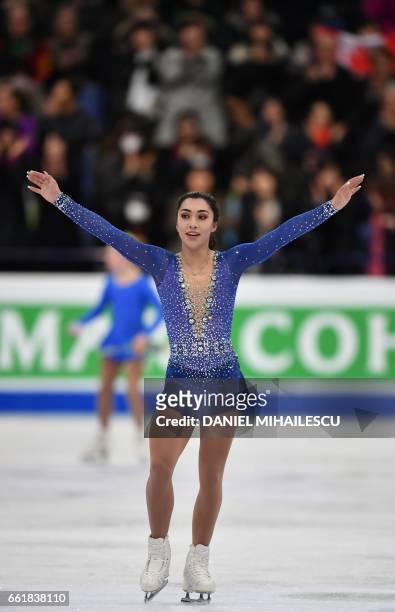 Bronze medalist Gabrielle Daleman of Canada reacts after her program in the woman's Free Skating event at the ISU World Figure Skating Championships...
