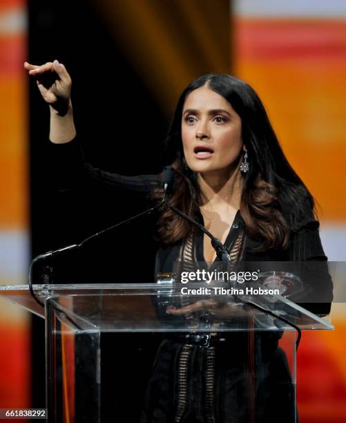 Actress/producer Salma Hayek accepts the CinemaCon Vanguard Award at the CinemaCon Big Screen Achievement Awards at The Colosseum at Caesars Palace...