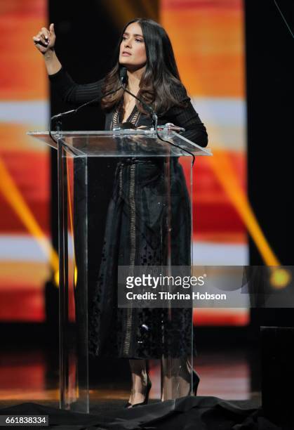 Actress/producer Salma Hayek accepts the CinemaCon Vanguard Award at the CinemaCon Big Screen Achievement Awards at The Colosseum at Caesars Palace...