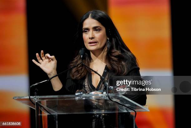 Actress/producer Salma Hayek accepts the CinemaCon Vanguard Award at the CinemaCon Big Screen Achievement Awards at The Colosseum at Caesars Palace...