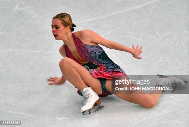 Russia's Anna Pogorilaya falls a second time during her routine in the woman's Free Skating event at the ISU World Figure Skating Championships in...