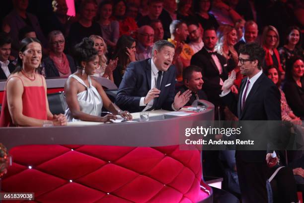 Juror Joachim Llambi discusses with Host Daniel Hartwich after the performance of Anni Friesinger-Postma and Erich Klann during the 3rd show of the...