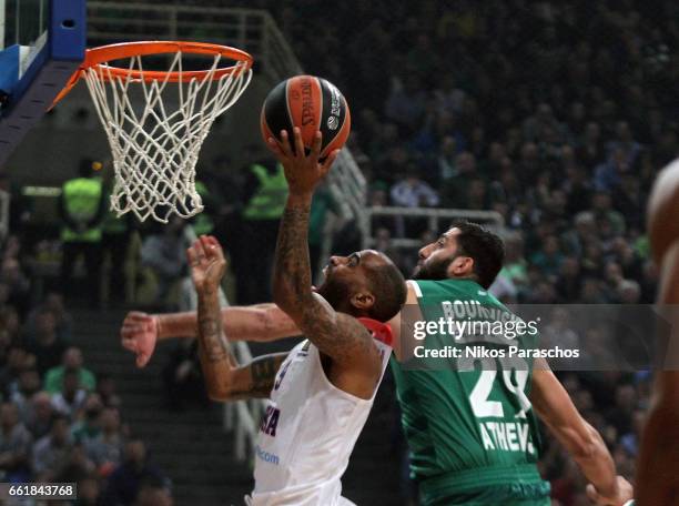 Aaron Jackson, #9 of CSKA Moscow competes with Ioannis Bourousis, #29 of Panathinaikos Superfoods Athens during the 2016/2017 Turkish Airlines...