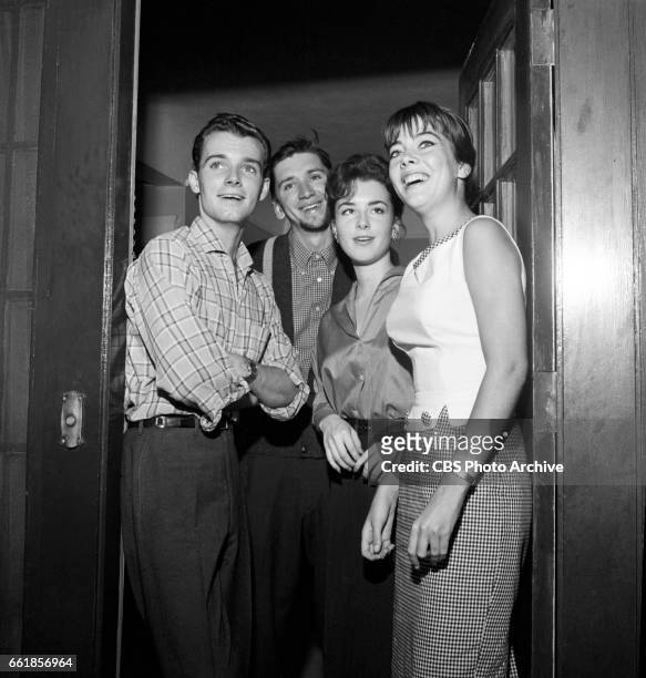 Young television actors on a double date. Richard Miles, Bob Denver, Gigi Perreau and Marlene Willis. Bob Denver is a cast member on "The Many Loves...