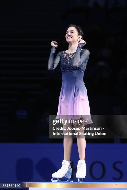 Evgenia Medvedeva of Russia reacts in the Ladies medal ceremony during day three of the World Figure Skating Championships at Hartwall Arena on March...