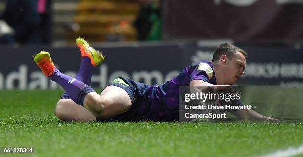 Wigan Warriors' Liam Marshall scores his sides 3rd try during the Betfred Super League Round 7 match between Leeds Rhinos and Wigan Warriors at...