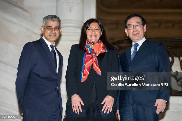 Mayor of Paris and Head of C40 , Anne Hidalgo meets Mayor of London, Sadiq Khan and Mayor of Seoul, Park Won soon at the City Hall on March 29, 2017...
