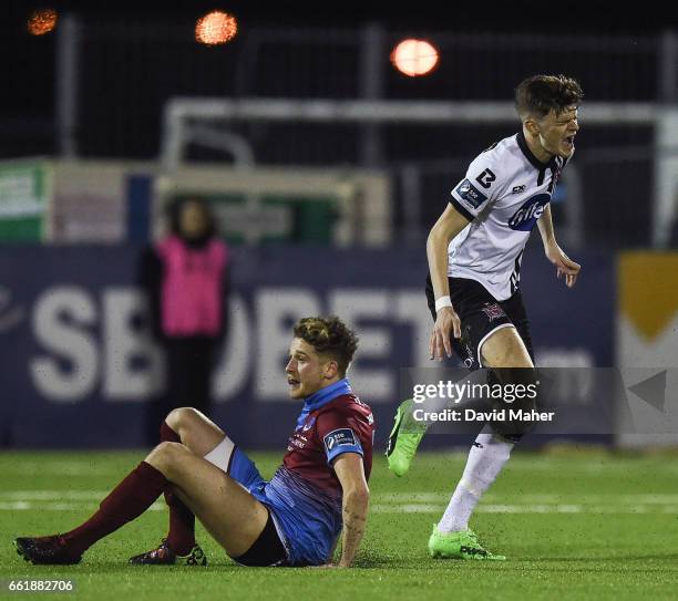 Dundalk , Ireland - 31 March 2017; Sean Gannon of Dundalk reacts after a challange from Mark Griffin of Drogheda United resulting in the Dundalk...