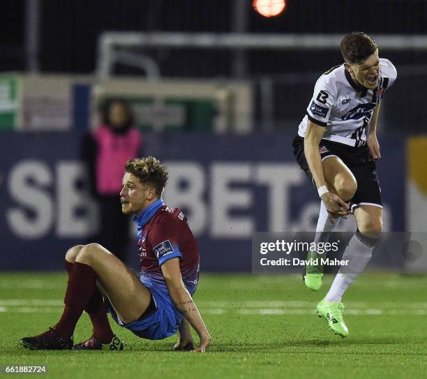 Dundalk , Ireland - 31 March 2017; Sean Gannon of Dundalk reacts after a challange from Mark Griffin of Drogheda United resulting in the Dundalk...