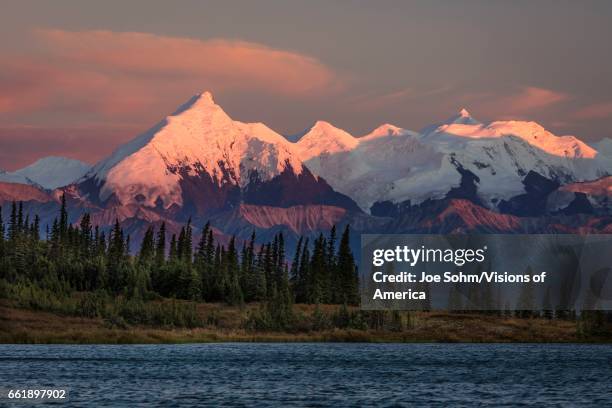 Sunset on Mount Denali previously known as Mount McKinley, the highest mountain peak in North America, at 20, 310 feet above sea level. Alaska...