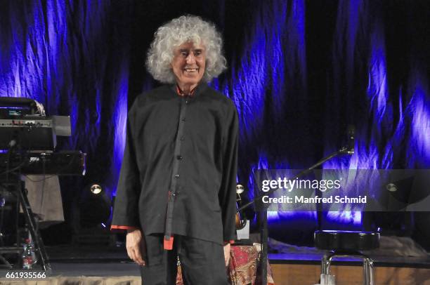 Singer Angelo Branduardi performs on stage during a concert at Konzerthaus Wien on March 31, 2017 in Vienna, Austria.