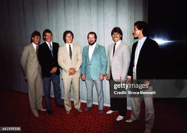 Players Wayne Gretzky, Mark Messier of the Edmonton Oilers, Mike Bossy, Billy Smith of the New York Islanders and Ray Bourque of the Boston Bruins...