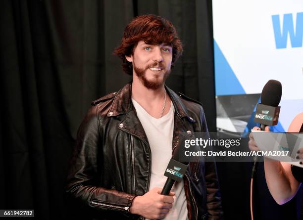 Singer-songwriter Chris Janson speaks during the 52nd Academy Of Country Music Awards Cumulus/Westwood One Radio Remotes at T-Mobile Arena on March...