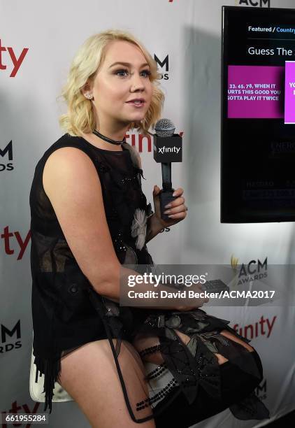 Singer-songwriter RaeLynn speaks during the 52nd Academy Of Country Music Awards Cumulus/Westwood One Radio Remotes at T-Mobile Arena on March 31,...